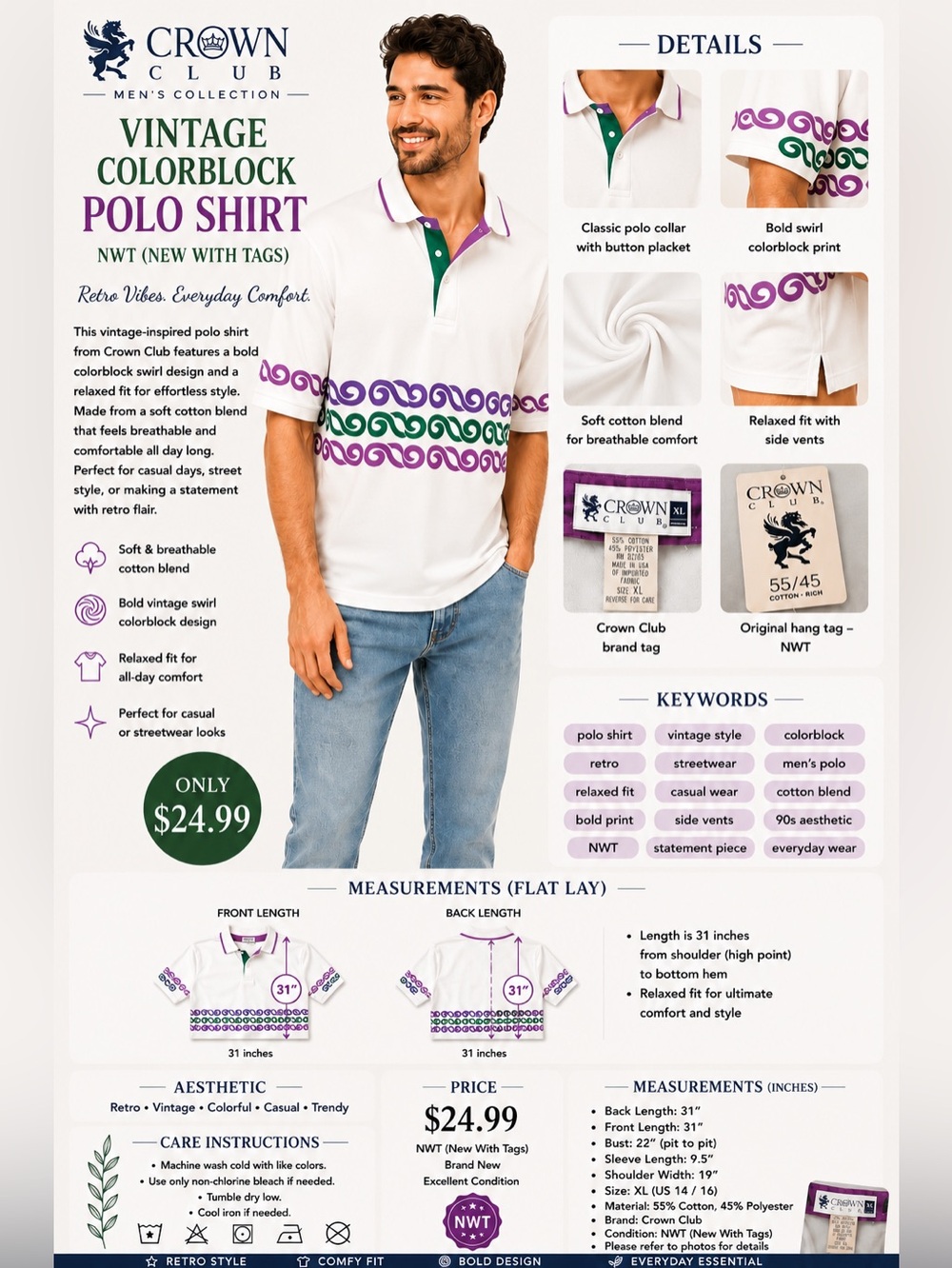Crown White Polo with Blue, Green & Purple Wave Motif